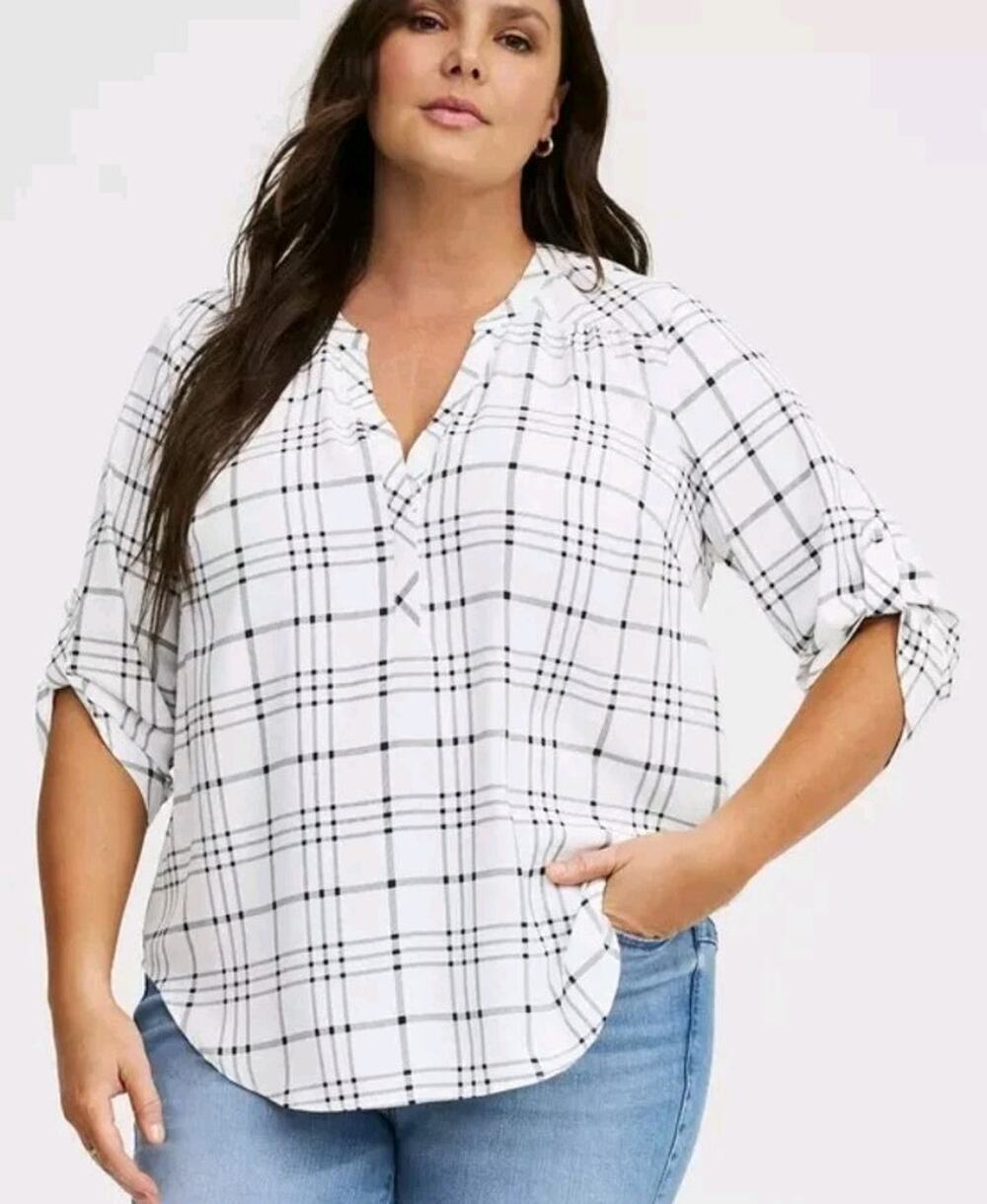 Torrid Harper Georgette 3/4 Sleeve Blouse White Black Window Pane Plaid